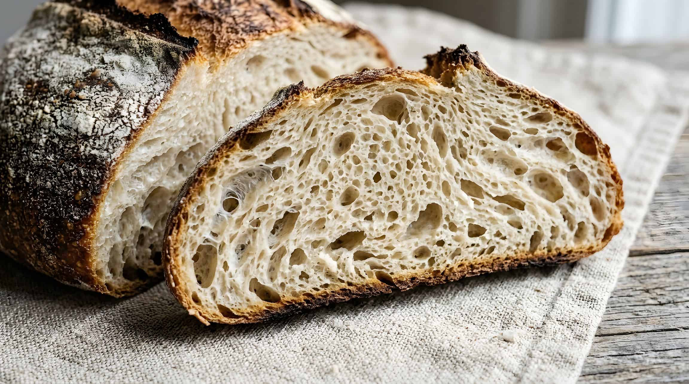 Un pain au levain tranché sur un linge, croûte farinée et mie alvéolée